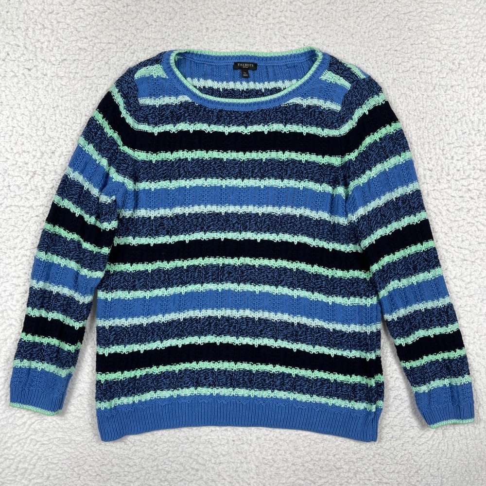 Talbots Sweater Womens LP Blue Striped Crew Neck Cotton Preppy Coastal Classic